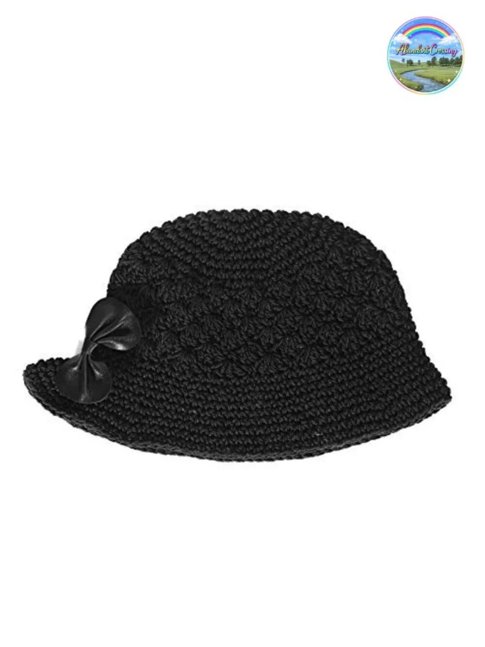 Hand Knitted Crochet Bucket Hat 100% Cotton Leather Bowknot Sun Hat